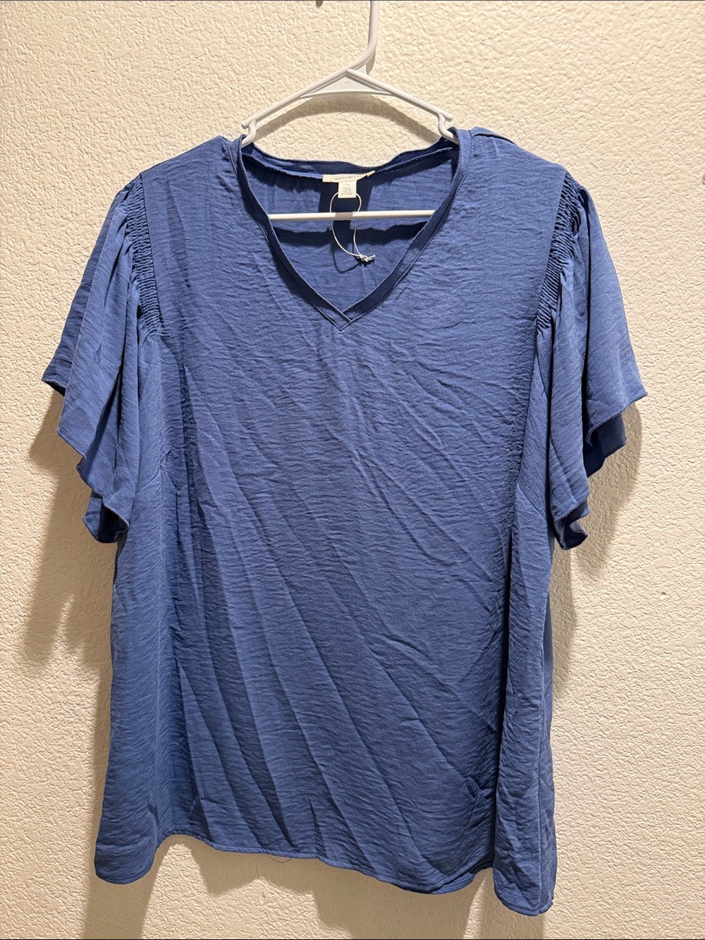 V-Neck Blue Flutter Sleeve Tee by